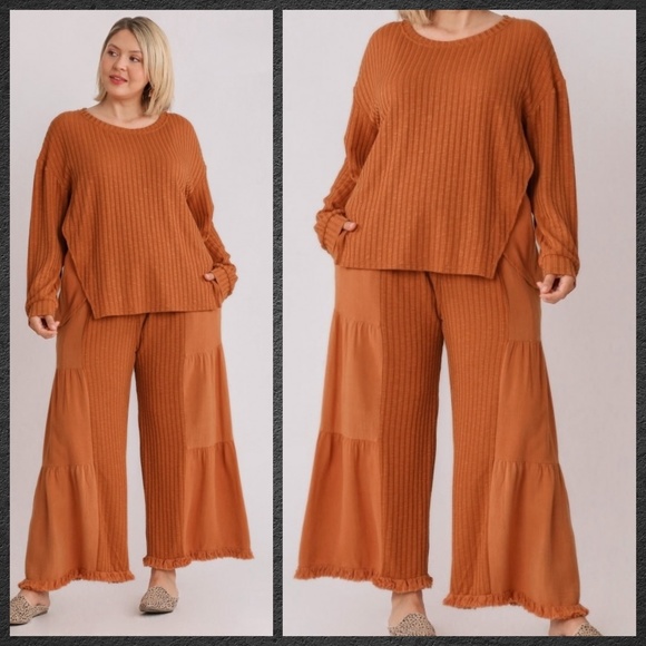 UMGEE Textured Soft Linen Blend Oversized Top & Tiered Ruffled Raw Hem Pants Set - Picture 16 of 16